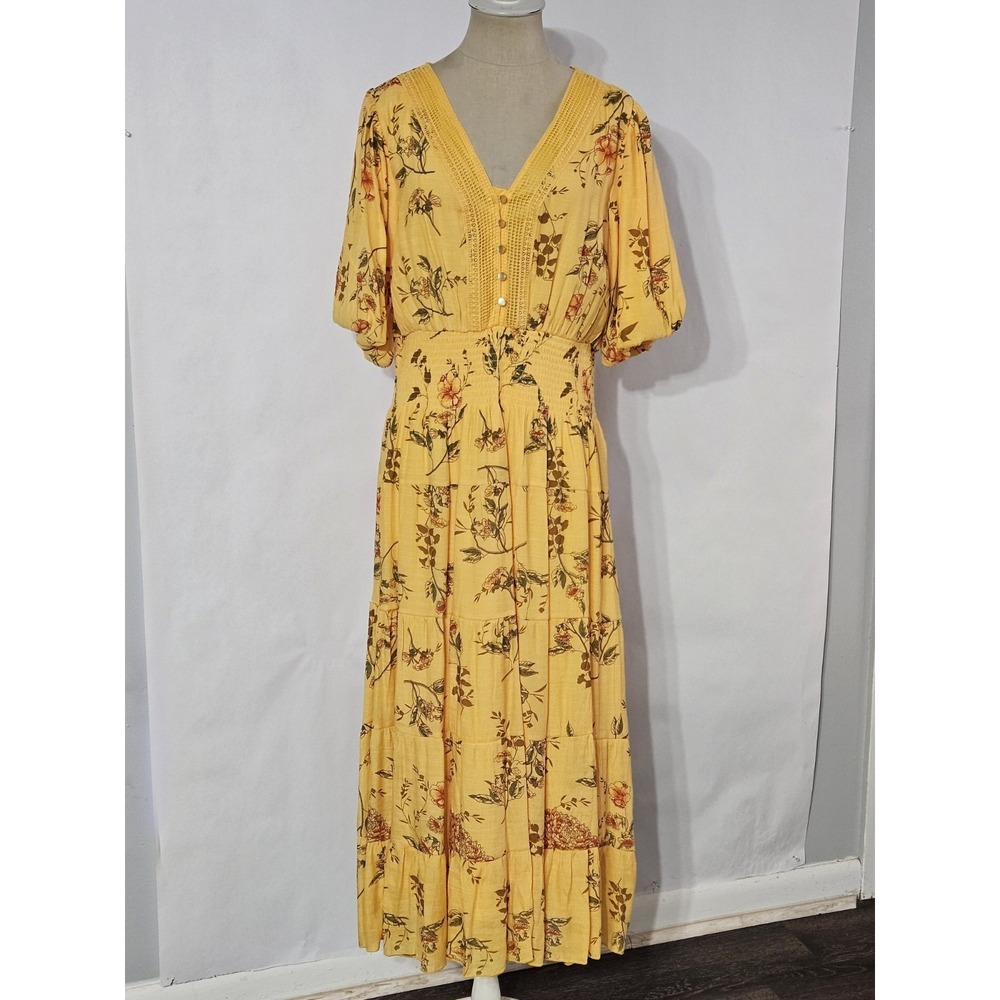 J Gee Women's Yellow Floral V-neck Puff Sleeve Midi Dress